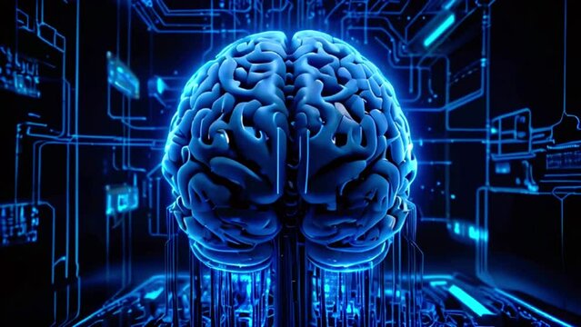 A blue brain against a dark background. The brain is surrounded by a network of electrical impulses.