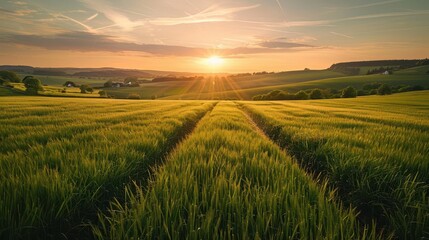 Obraz premium golden hour bliss tranquil green field sunset idyllic rural landscape nature photography