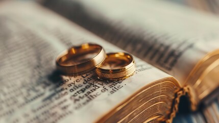 golden wedding rings on open bible pages christian marriage and love concept closeup photography