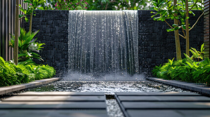 outdoor home modern water feature fountain waterfall as wide banner with copy space area for garden landscape design concepts