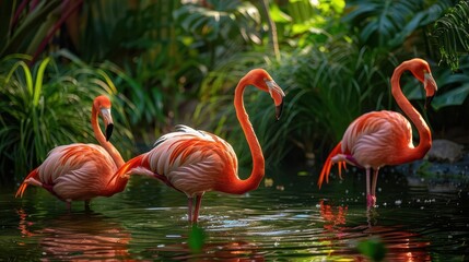 Fototapeta premium graceful flamingos in serene pond with verdant grasses wildlife photography