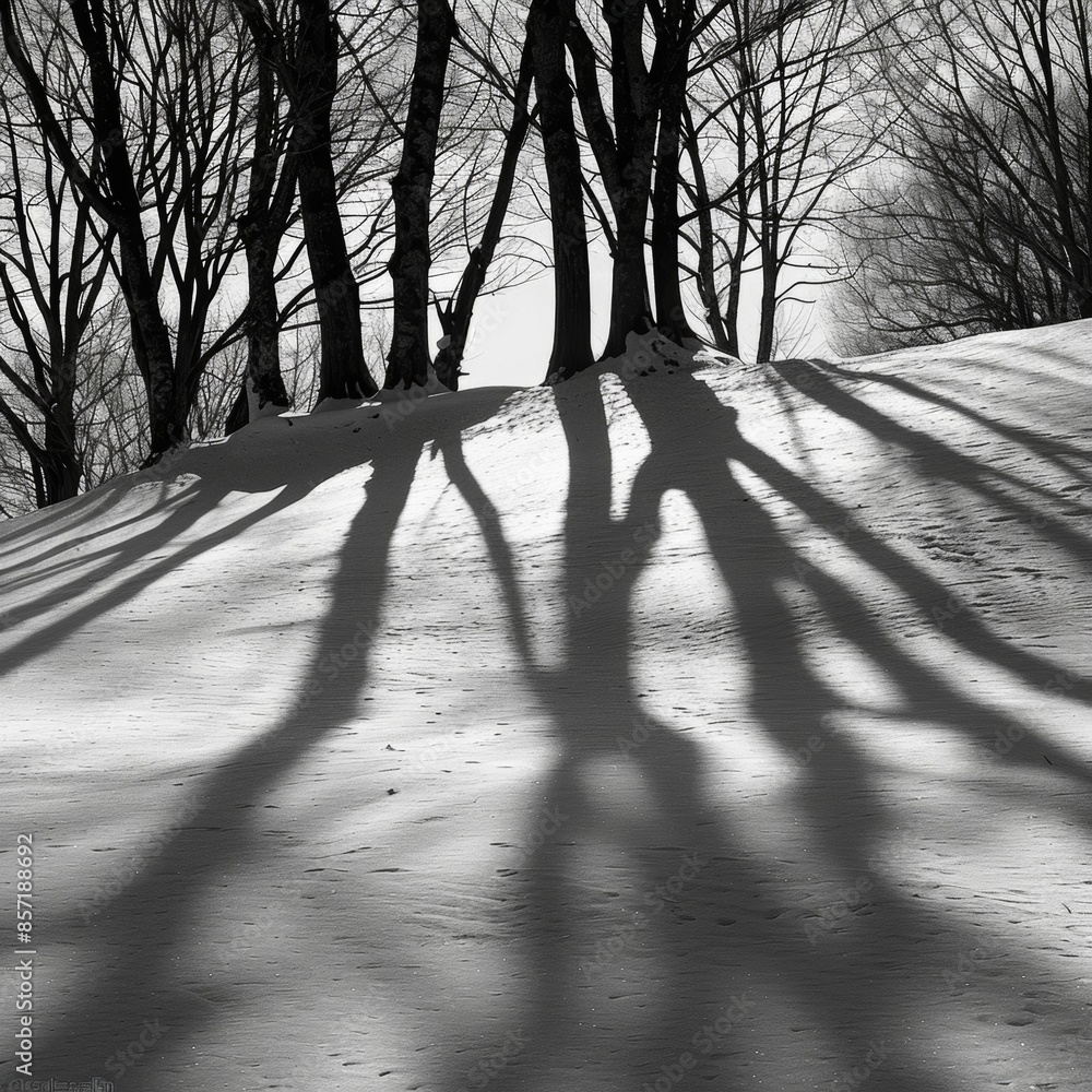 Poster the shadows of trees cast upon a snowy hill creating a surreal representation of nature. black and w