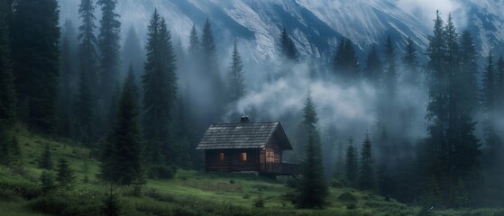 Fototapeta premium A cabin in the woods with smoke coming out of the chimney
