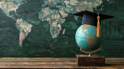 Master's degree cap placed on top of globe on wooden table over green chalkboard background. Learning concept. 