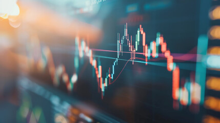 Close-up of a financial chart displaying an upward trend line graph on a stock market monitor background