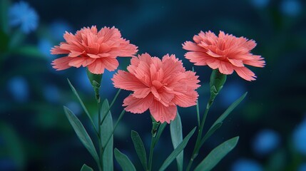 Three pink carnations in full bloom with green foliage