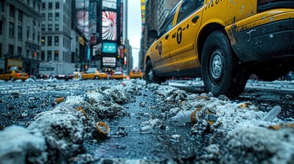 A yellow cab drives through a snowy street in the city