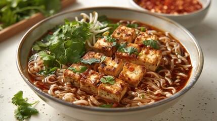 Fototapeta premium Close-up of a bowl of spicy tofu noodle soup