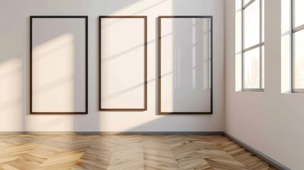 Fototapeta premium Three large empty frames hang on bright, sunlit wall in modern room with wooden floors