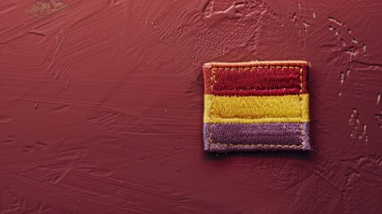Rectangular fabric patch with red, yellow, and purple stripes on textured red background