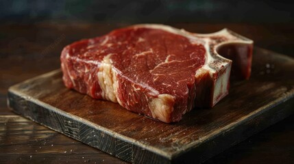 Fototapeta premium A raw steak rests on a wooden cutting board, ready to be grilled