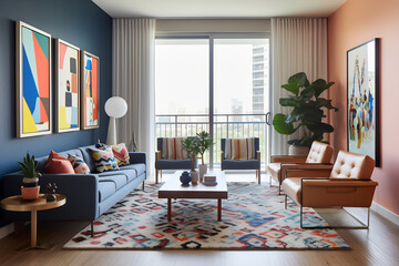 Stylish interior with beautiful abstract painting with geometric shapes in vivid colors
