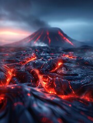 Close-up of glowing lava flowing from an erupting volcano.