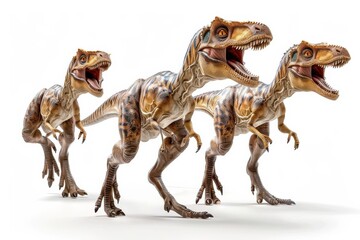 Deinonychus pack hunting, predatory dinosaurs, 3D realistic, isolated on white background