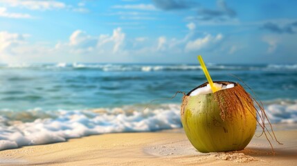 Refreshing Tropical Hydration with Fresh Coconut Drink on Sandy Beach for Summer Vacation