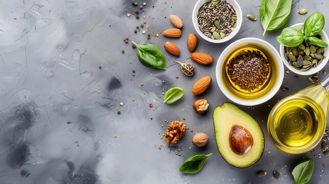 healthy fats food selection with avocado nuts seeds and olive oil