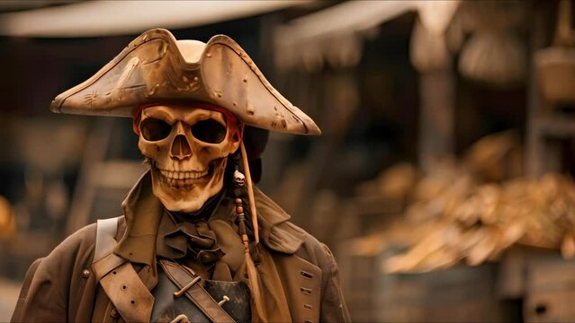 A fearsome skeletal pirate sets sail on a perilous journey. Concept Adventure, Pirate, Skeleton, Perilous Journey, Ocean Exploration