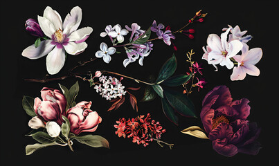 Floral arrangement with white, pink and purple flowers.