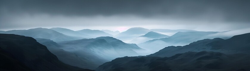 Misty mountains shrouded in fog, a serene landscape.