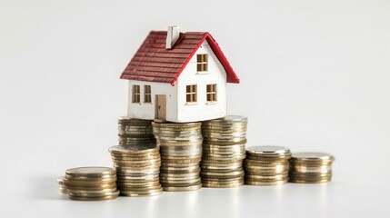 house model on coin stack with white background home savings and investment concept