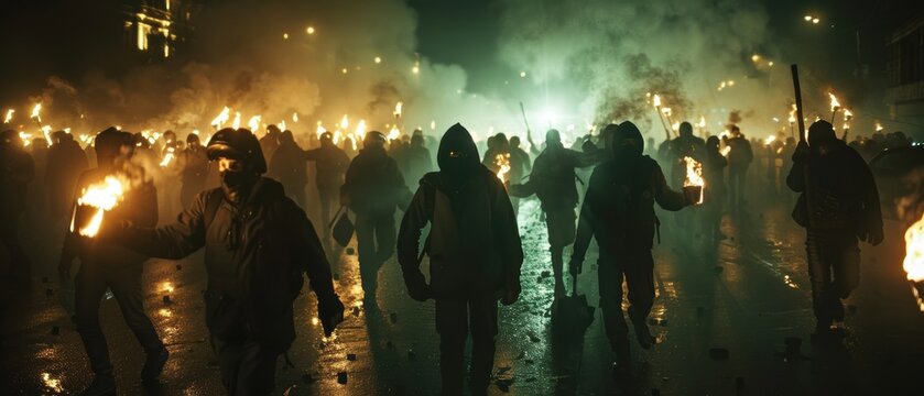 A dramatic scene of a political protest at night, illuminated by streetlights and handheld torches, intense expressions and dynamic movements