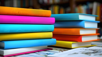 A stack of colorful books in a library setting