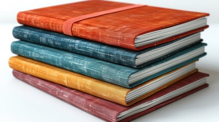 Close-up of a stack of journals with colorful covers