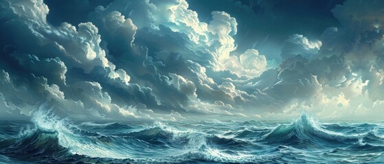 A dramatic seascape with stormy clouds and rough waves