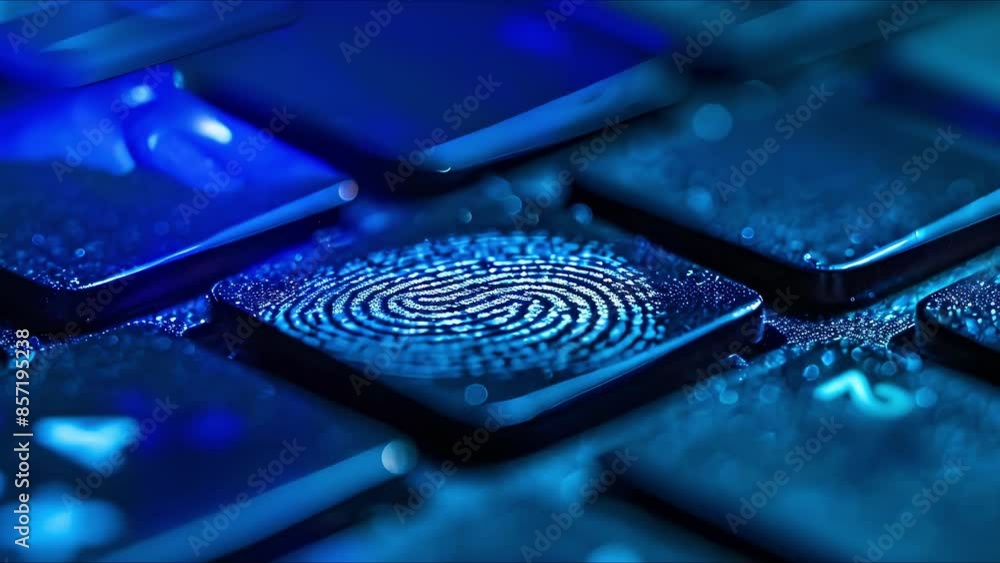 Poster illustrates cybersecurity concerns with a visible fingerprint on a computer keyboard. concept cybers