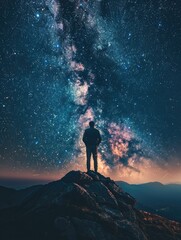 Obraz premium A person standing on a mountain peak, looking up at the night sky and stars