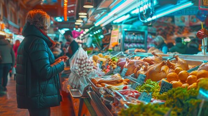 Fototapeta premium Vibrant Market Stall Selling Fresh Organic Chicken with Shoppers Browsing
