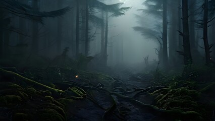 fog covered forest in summer with mystic golden sunlight