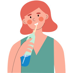 Woman is cleaning teeth by  oral irrigator or water flosser.  Dental care and hygiene concept.