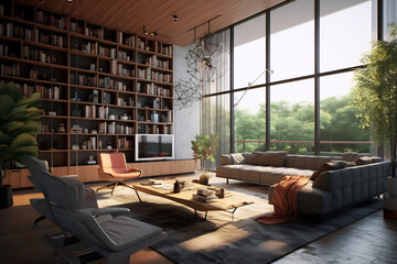 Modern minimalism style drawing-room interior with big windows and lot of light