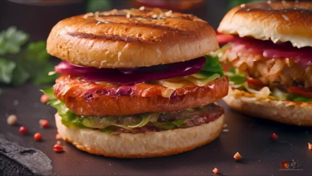 Fiery and Flavorful: Spicy Fried Chicken Burger on a Dark Background. Concept Food Photography, Spicy Cuisine, Burger Recipes, Dark Background, Fiery Flavors