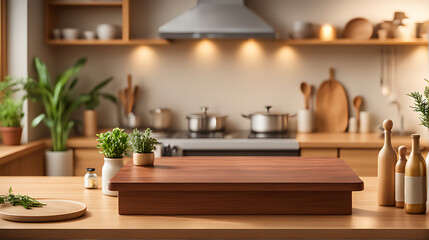  Kitchen podium background food product stand table pedestal display wooden platform. Empty podium counter wood background kitchen board desk restaurant top white light marble presentation interior. 