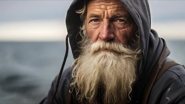 Portrait of a Senior Fisherman with a Long Beard and Hoodie. Concept Senior, Fisherman, Long Beard, Hoodie, Portrait