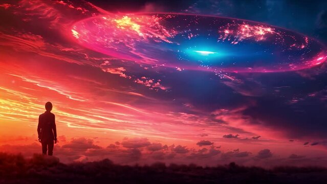 Observing a UFO in the sky: A possible encounter with an alien invasion. Concept Aliens, UFO, Extraterrestrial, Space Invasion, Unidentified Flying Object