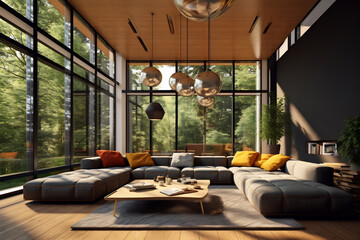 Fototapeta premium Modern minimalism style drawing-room interior with big windows and lot of light