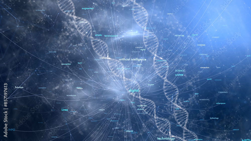 Canvas Prints digital cyberspace science word cloud with dna chains illustration.