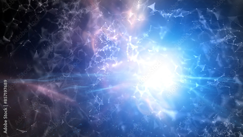 Poster shining cyberspace network with lines and dots particles illustration background.