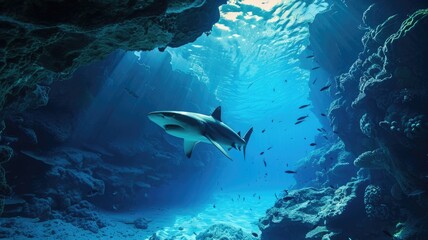 Obraz premium Underwater scene with shark swimming between coral reefs