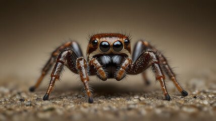 A jumping spider in high-resolution macro shot capturing the intricate details, showcasing its multiple eyes, hairy legs, and textured body, set against a soft, neutral background
