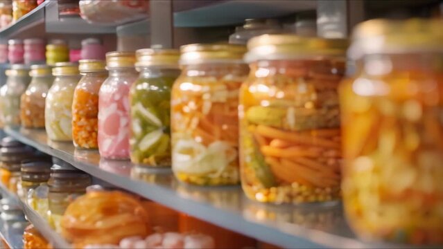 Preserving the art of pickling: Vibrant jars of pickled vegetables on colorful shelves. Concept Preserving, Pickling, Vibrant Jars, Colorful Shelves, Art of Pickling
