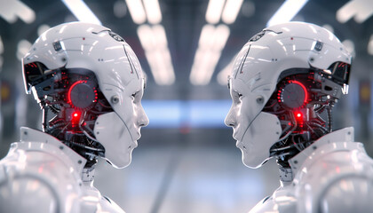 Futuristic Dual Robots in Symmetrical Sci-Fi Setting