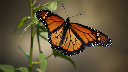 Naklejka premium A monarch butterfly (Danaus plexippus) delicately perches on a vibrant flower, its iconic orange and black wings fully displayed