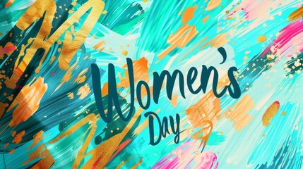 Vibrant turquoise coral gold abstract with brush strokes Women's Day in graffiti-style font background