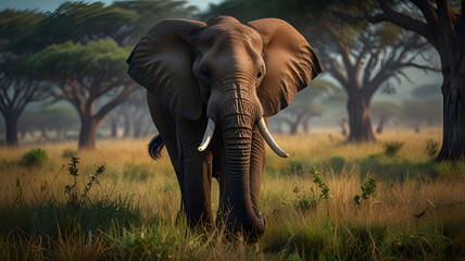 A majestic African elephant stands in grasslands of the African savannah with trees in background. African wildlife concepts.