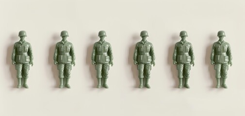 Six plastic toy soldier figures in green are displayed on a white background, emphasizing their uniform color and detailing, perfect for playtime or collectible sets.