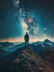 A person stands on top of a mountain, gazing up at the starry night sky